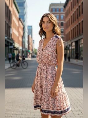 Trovata Birds of Paradis Floral Midi Dress | Red & Blue Print | Size L